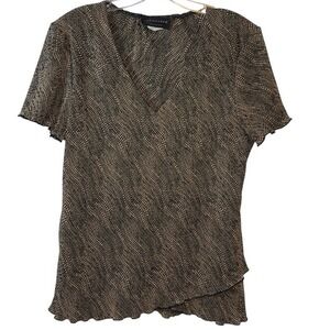 Connected Apparel Blouse Top Short Sleeve Layered Ruffle Hem Beige Black SZ Lg‎